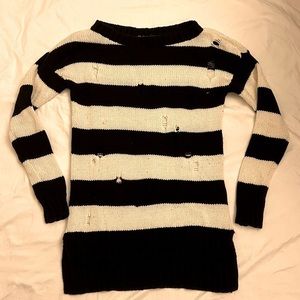 Express Black and Cream Striped Distressed Sweater
